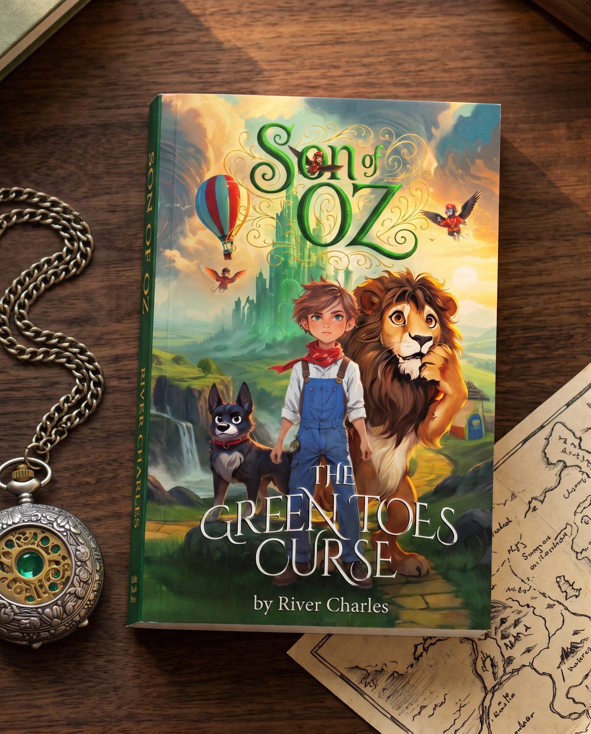 The Son of Oz: The Green Toes Curse paperback on a wooden desk beside a silver pocket watch and an old map. The cover shows a boy in blue overalls with a dog and a lion on a yellow brick road, the Emerald City behind them.